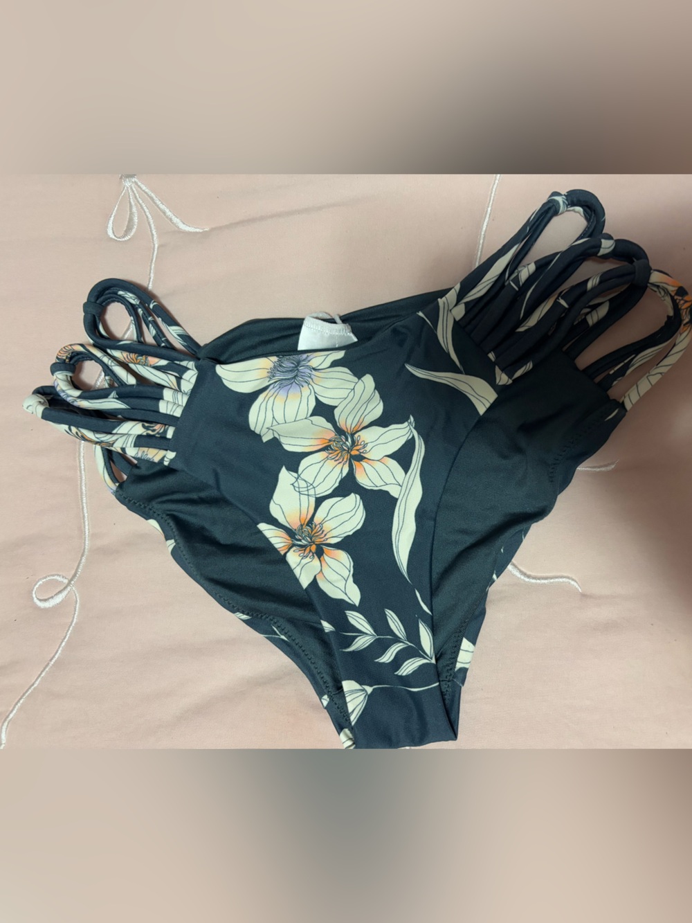 O'Neill Navy Floral Strappy Bikini Top with Cream & Lavender Accents